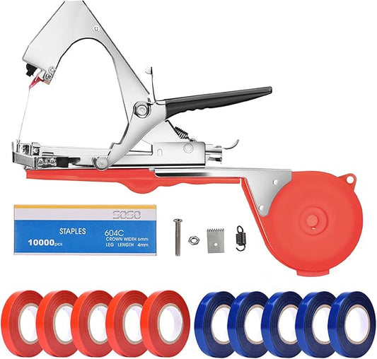 Plant Tying Machine Tape Tool for Tomatoes Peppers Grapes Cucumbers and Vining Vegetables Quickly and Easily Tie, Great for Gardeners Farmers, with Tapes, Spare Parts, Staples - Red