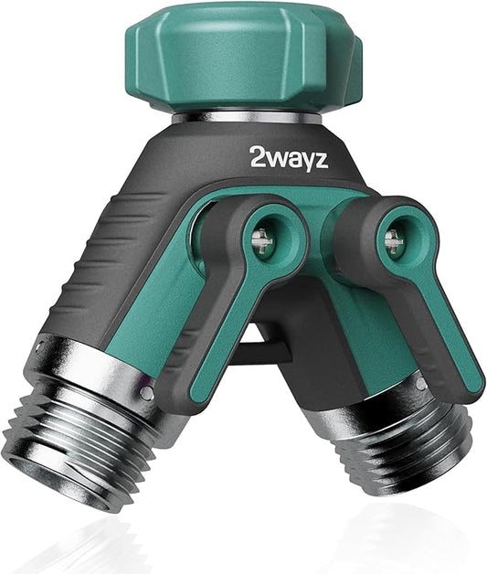 2WAYZ Dual Outlet Water Hose Splitter - Heavy-Duty Brass Y Connector, 360° Rotation, Easy Installation, Leak-Proof Design with Spigot Extender - Ideal for Garden, Washing Machines, Outdoor Faucets