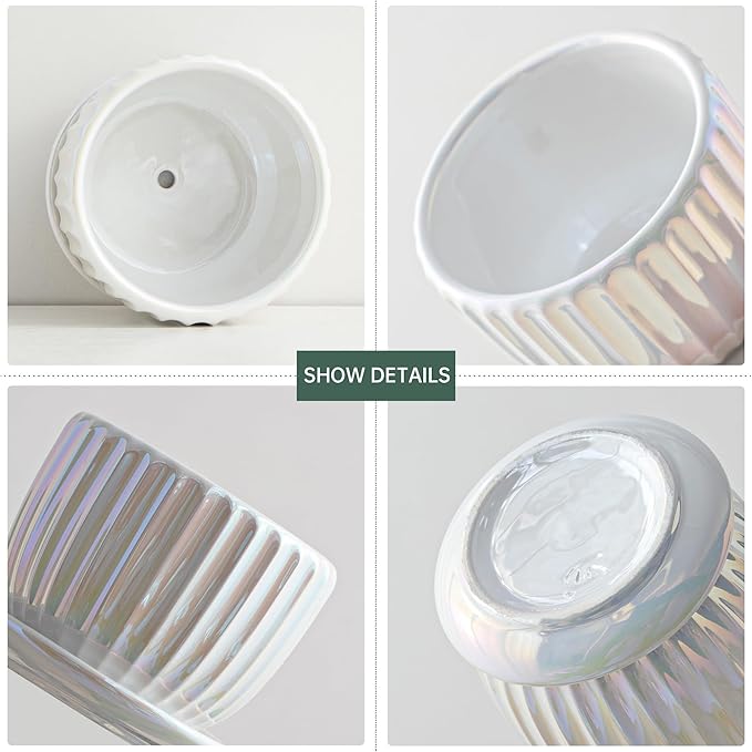 Ton Sin White Plant Pots,Pearl Gold Ceramic Flower Pots 4"+5"+6" Inch Indoor Succulent Pot with Drainage Hole - Decorative Orchid Pots and Herb Pots Set of 3