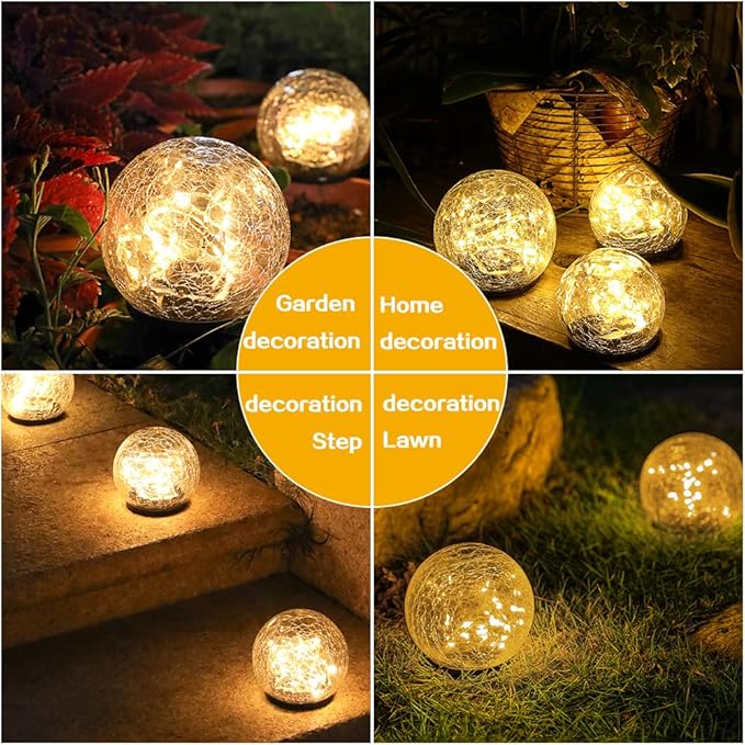 TOMEX 4 Pack Solar Garden Lights, Cracked Glass Ball Waterproof Warm White LED for Outdoor Decor Decorations Pathway Patio Yard Lawn, 4 Pack (3.9")
