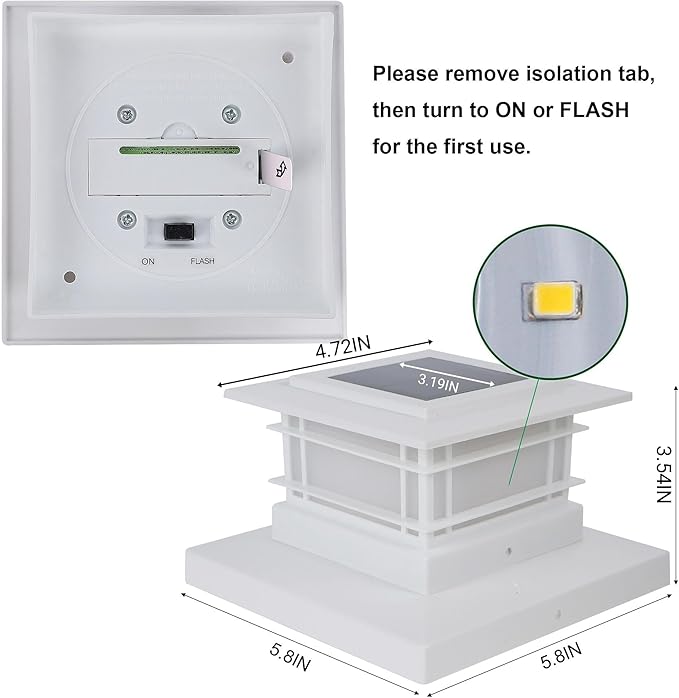 Dynaming 4 Pack Solar Flame Post Lights Outdoor, Solar Powered Fence Post White Shell Cap Light, High Brightness Flickering Flame LED Lighting for Garden Deck Patio, Fit 4x4 5x5 6x6 Vinyl/Wooden Posts