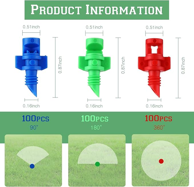 300 Pcs Misting Nozzle Sprayer 90/180/360 Degree Atomizing Micro Sprinklers Drip Ring Irrigation Emitters Sprinkler Nozzle Refraction Drip Emitters for Garden Agriculture Lawn