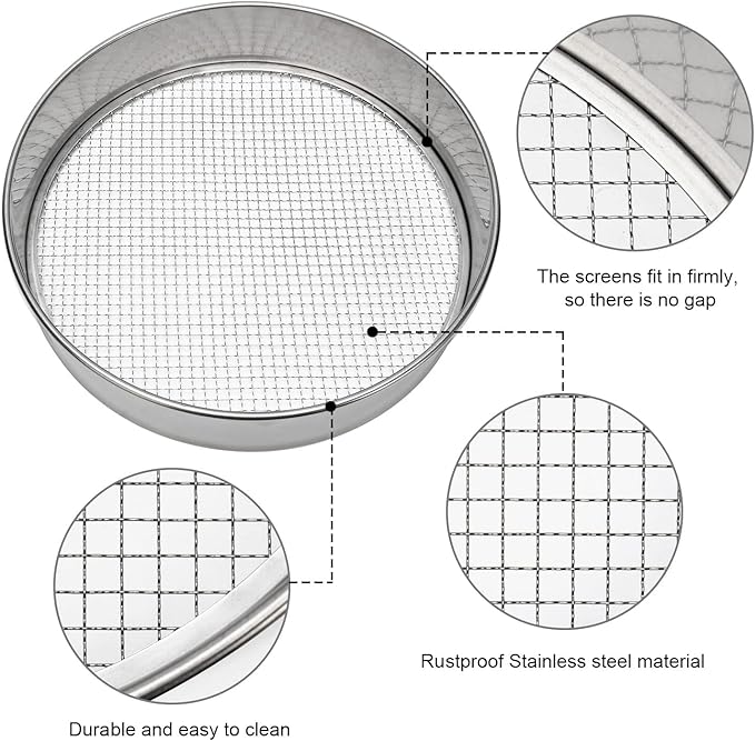 Soil Sieve Stainless Steel Riddle Sieve Set, 12" Diameter, with 3 Interchangeable Filter Mesh Sizes 3,6,9mm and Shovel
