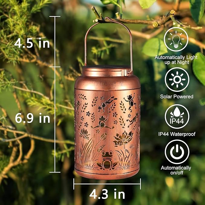 2 Pack Solar Lanterns Outdoor Waterproof, Frog Garden Decor Gifts for Women Mom Grandma Hanging Solar Lights Metal Solar Decoration Outside for Yard, Patio, Lawn, Pathway, Landscape