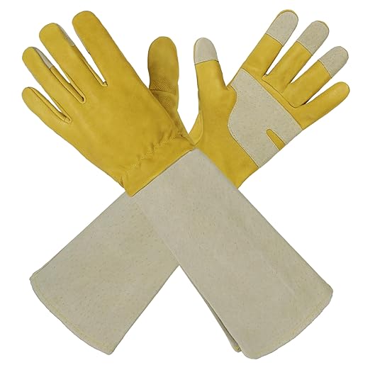 HLDD HANDLANDY Gardening Gloves Long Sleeve for Women and Men Cactus Protection Leather Garden Gloves for Cactus, Golden Yellow, S