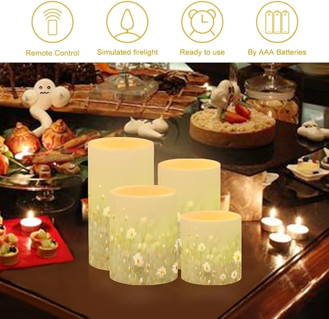 Flameless Candles Battery Powered LED Pillar Candles Tealights with Remote Timer Color Changing Control for Indoor Outdoor Home Tabletop Decoration Set of 4, Daisy Floral Green