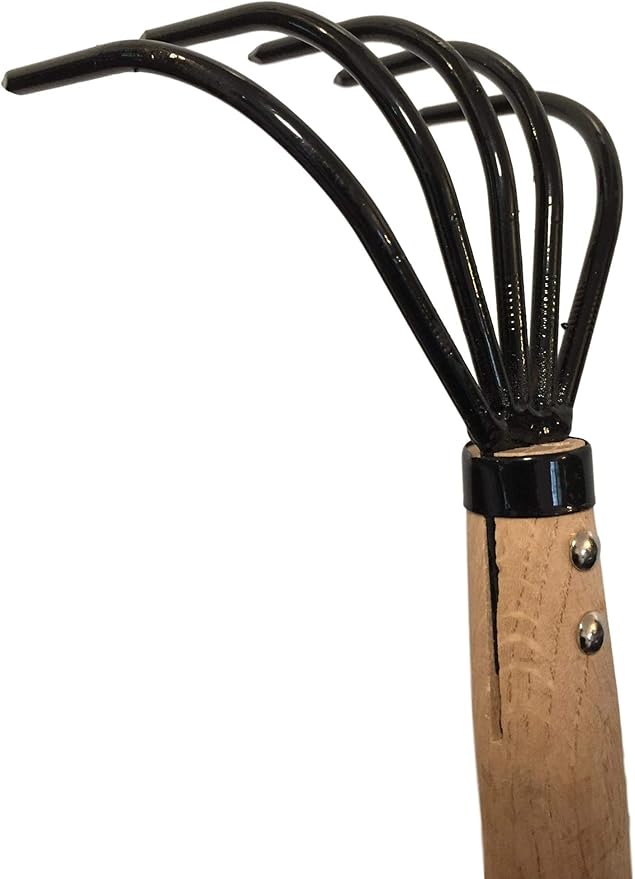 Garden Guru Hand Rake Cultivator Claw Soil Tiller - Military Grade Steel - Rust Resistant - 5 Tine Japanese Ninja Claw - Comfortable Wood Handle - Perfect Pulverized and Aerated Soil