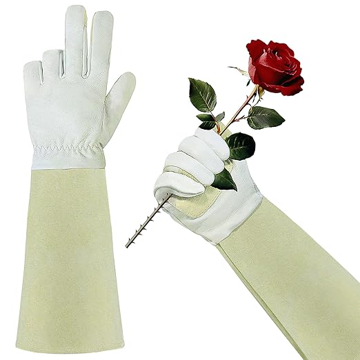 HLDD HANDLANDY Long Sleeve Leather Gardening Gloves,Rose Pruning Floral Gauntlet Garden Gloves For Women and Men (Small, Beige)