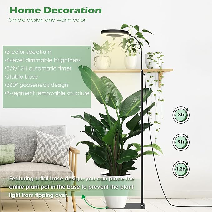 Grow Light, LED Floor Grow Lights for Indoor Plants, Full Spectrum Plant Growing Lamp for Large Plants, Auto ON/Off Timer, 6 Dimmable Levels, 3 Switch Mode, 63 inches Adjustable Height, Black