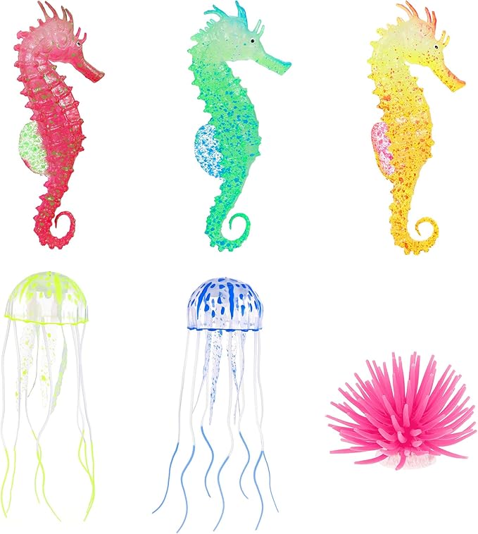 Lpraer 6 Pieces Glow Aquarium Ornaments Artificial Glow Floating Jellyfish Seahorse Anemones Silicone Simulation Fish Tank Decorations for Fish Tank