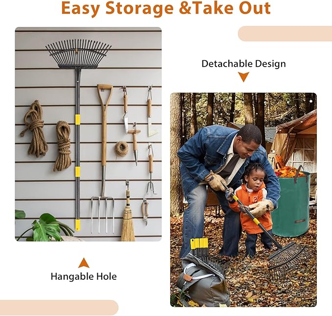 Rake, Garden Leaf Rake Set, 65 Inch Long 18 Inch Wide Heavy Duty Leaf Rake with 25 Metal Tines, 32 Gallon Leaf Bags, Leaf Scoops, Yard Garden Thatching Rake for Leaves with Adjustable Handle