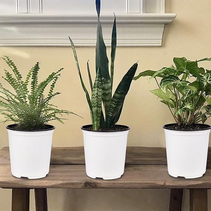 GROWNEER 24 Set 6" 1 Gallon for Plants Flexible Nursery Pot with Drainage Hole and 15 Pcs Plant Labels Flower Plant Container for Indoor Outdoor Seedlings Vegetables Succulents(White)