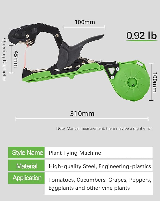 PATILWON Plant Tying Machine with Green Tape - Lightweight Plant Tie Tool for Vine Plants, Includes Staples, Blades, and 20 Rolls of Elastic Tape for Gardening