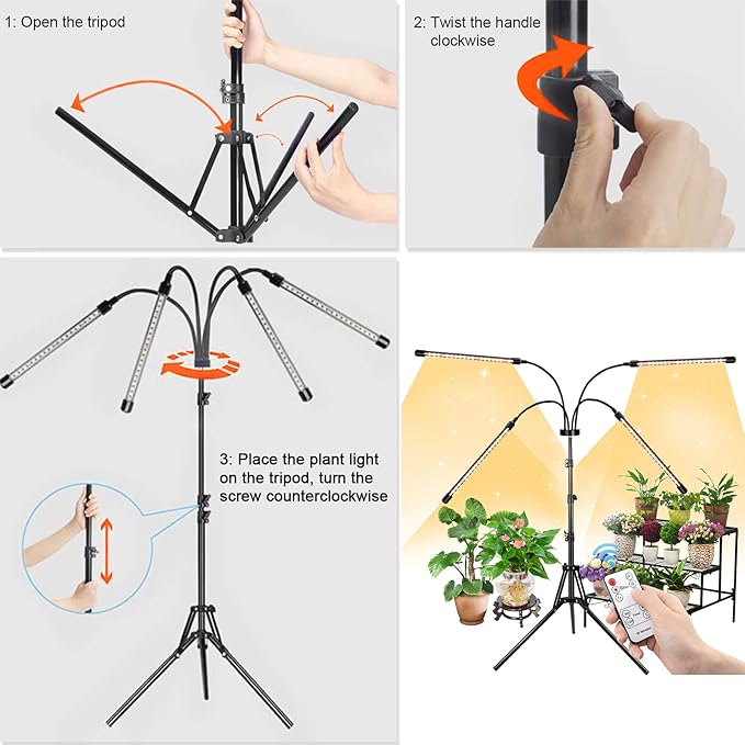 Plant Grow Light with Stand, 4 Heads Full Spectrum Grow Lamps with 15-63" Adjustable Tripod Stand, 4/8/12H Timer, 3 Switch Modes, Indoor Plant Light with Remote Control