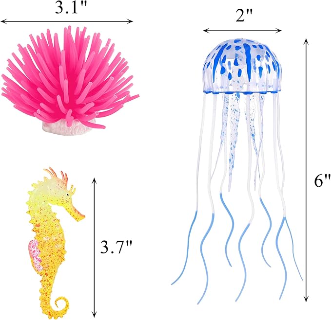 Lpraer 6 Pieces Glow Aquarium Ornaments Artificial Glow Floating Jellyfish Seahorse Anemones Silicone Simulation Fish Tank Decorations for Fish Tank