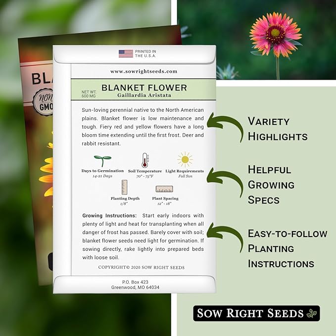 Sow Right Seeds - Blanket Flower Seeds for Planting - Non-GMO Heirloom Seeds Packet with Instructions to Plant Your Garden - Perennial Indian Gaillardia - Grow Native Gardens, Add a Color Bonanza (2)