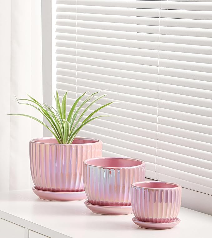 Ton Sin Pink Gold Ceramic Flower Pots, 4"+5"+6" Inch Small Glazed Succulent Planters with Drainage Hole,Modern Indoor Decorative Plant Pots Set of 3,Garden Pots with Saucer
