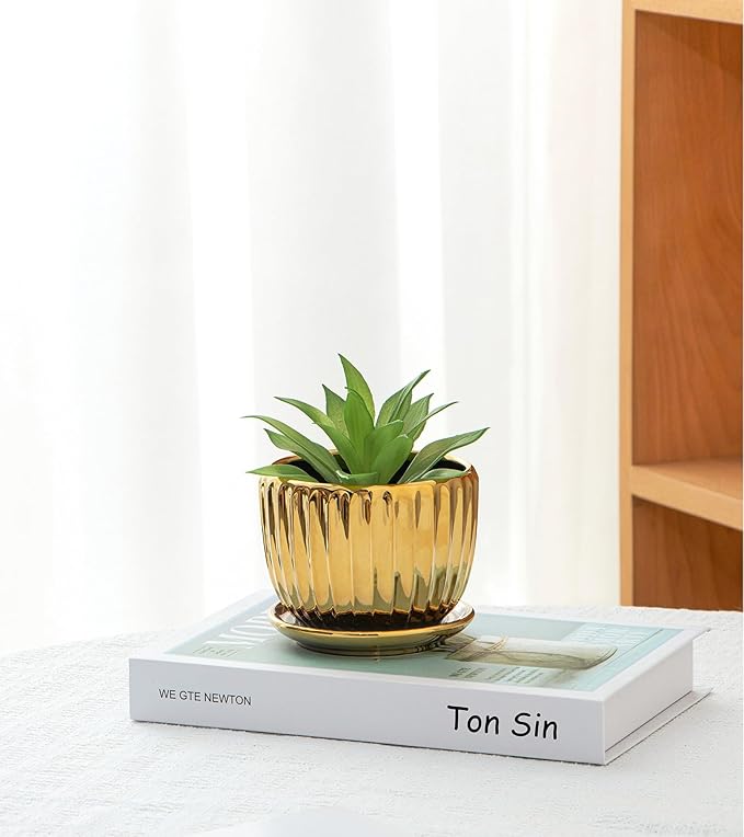Ton Sin Gold Plant Pots,4.1+5.1+6.5 Inch Flower Pots,Ceramic Succulent Planters Set of 3,Mini Indoor Pots with Drainage,Handmade Decorative Ceramic Orchid and Herb Pots(Gold)