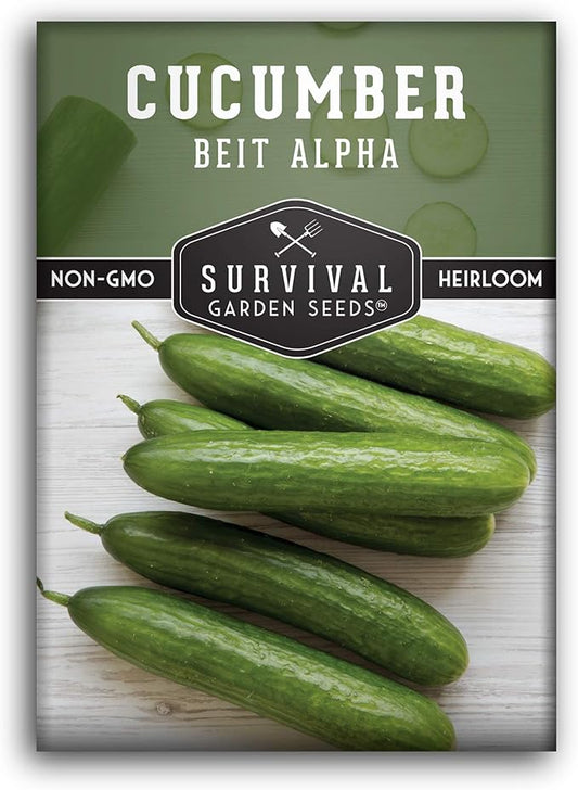 Survival Garden Seeds - Beit Alpha Cucumber Seed for Planting - Pack with Instructions to Plant and Grow Smooth Green Burpless Cucumbers in Your Home Vegetable Garden - Non-GMO Heirloom Variety