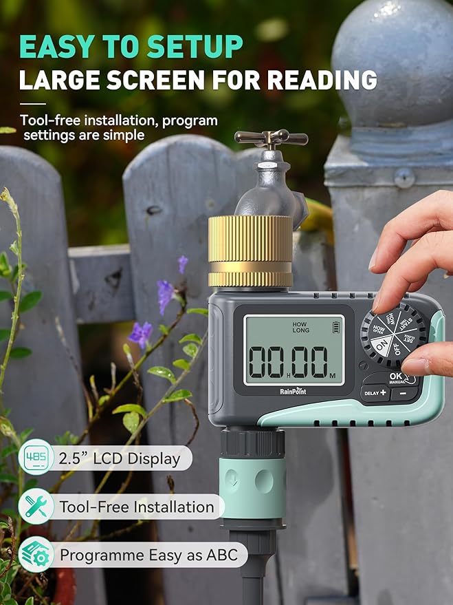 RAINPOINT 2-Pack Sprinkler Timer with Brass Swivel, Water Timer for Garden Hose, Programmable Hose Timer with Rain Delay/Manual Watering, Digital Irrigation Timer System for Lawns, 1 Outlet