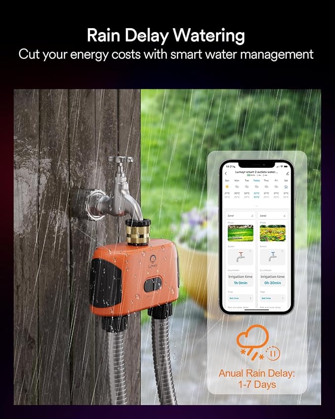 Lumary Smart Sprinkler Timer 2 Zone, WiFi Water Timer for Garden Hose, Brass Inlet Water Hose Timer Outdoor, Manual/Automatic Drip Irrigation Timer, App/Voice Control Work with Alexa, Orange, L-WT2A1