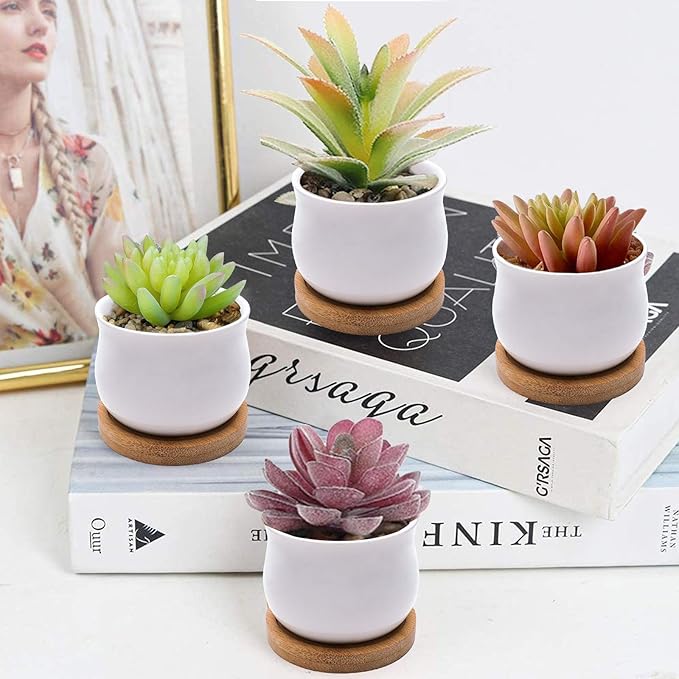 Succulent Plant Pot, White Mini 2.6 inch Ceramic Flower Planter Pot with Bamboo Tray, Pack of 8 - Plants Not Included