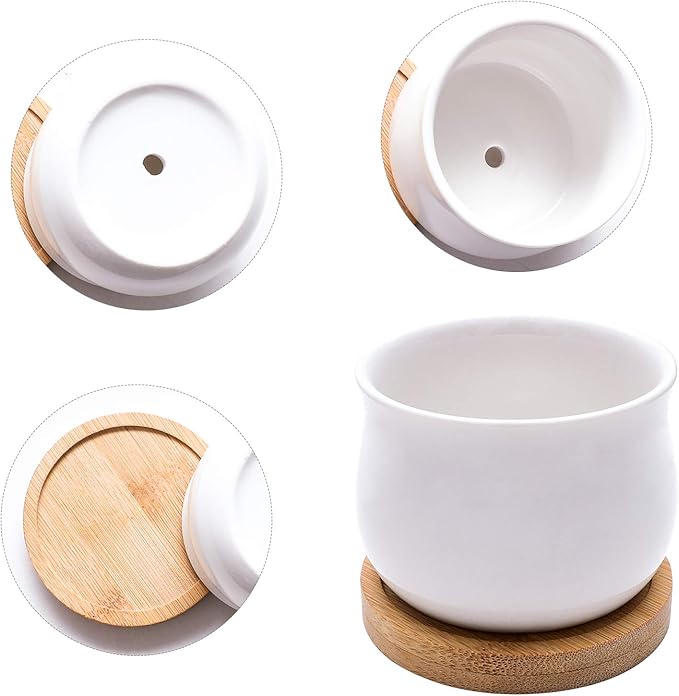 Succulent Plant Pot, White Mini 2.6 inch Ceramic Flower Planter Pot with Bamboo Tray, Pack of 8 - Plants Not Included
