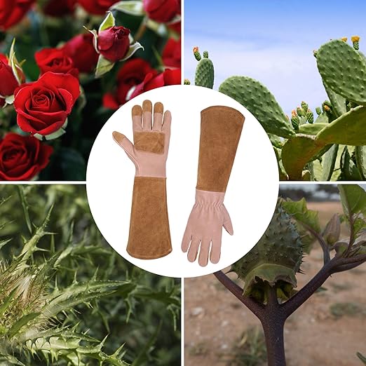 HLDD HANDLANDY Long Sleeve Leather Gardening Gloves,Puncture resistant,Breathable Pigskin Leather Gauntlet,Rose Pruning Floral Gauntlet Garden Gloves For Women and Men (Small, Brown)