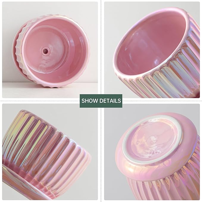 Ton Sin Pink Gold Ceramic Flower Pots, 4"+5"+6" Inch Small Glazed Succulent Planters with Drainage Hole,Modern Indoor Decorative Plant Pots Set of 3,Garden Pots with Saucer