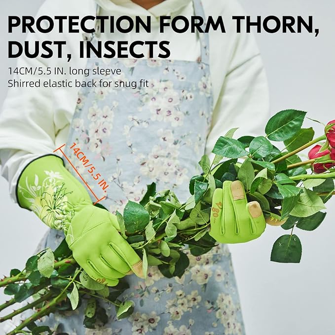 Vgo... 1-Pair Ladies' Synthetic Leather Gardening Gloves, Long Sleeves Gauntlet, Breathable & Grip Work Gloves, High Dexterity, Washable (Size L, Green, SL7445)