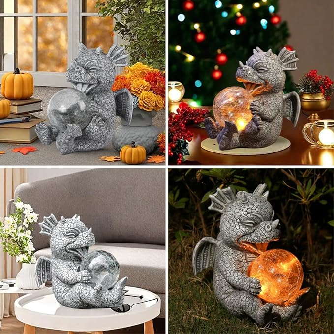 Solar Powered Dragon LED Light Garden Statue Outdoor Decorative Sculpture with Crackle Glass Ball Waterproof Yard Art Decor for Patio Lawn