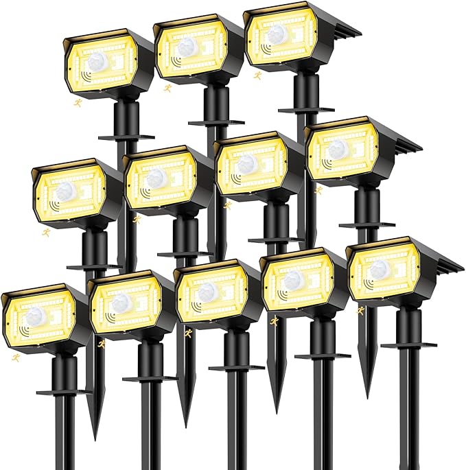 nipify 12 Pack Solar Spot Lights Outdoor Motion Sensor with 3 Modes,Solar Spotlights Outdoor Waterproof 2-in-1 Auto On/Off Solar Landscape Lighting for Outside Yard Wall Garden Pathway, Warm White