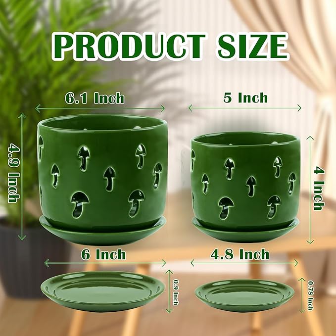 Set of 2 Orchid Pots with Holes & Saucers for Orchid Root Health, 5 inch&6 inch Ceramic Pots for Plants, Effective Drainage and Ventilation to Assist New Plants or Repotting (Patina-2, 5&6)