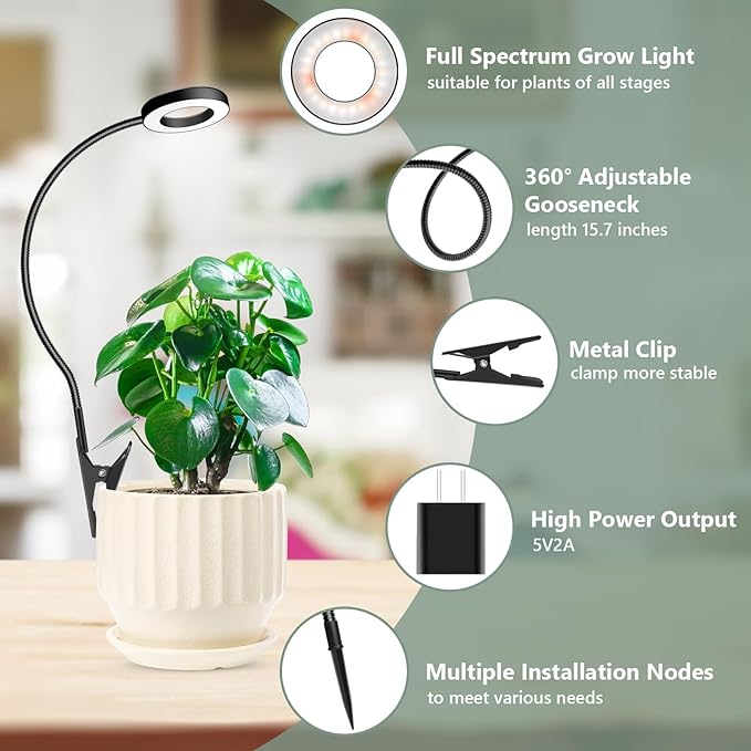Plant Lights for Indoor Growing, 144 LED Full Spectrum Plant Grow Light with Clip 3 Pack, Black Halo Indoor Plant Light 2 Installation Options with 6/12/16H Timer, 5 Dimmable, 3 Modes