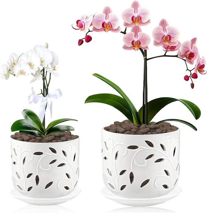 Set of 2 Orchid Pots with Holes & Saucers for Orchid Root Health, 5 inch&6 inch Ceramic Pots for Plants, Effective Drainage and Ventilation to Assist New Plants or Repotting