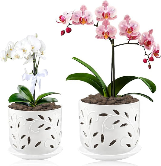 Set of 2 Orchid Pots with Holes & Saucers for Orchid Root Health, 5 inch&6 inch Ceramic Pots for Plants, Effective Drainage and Ventilation to Assist New Plants or Repotting