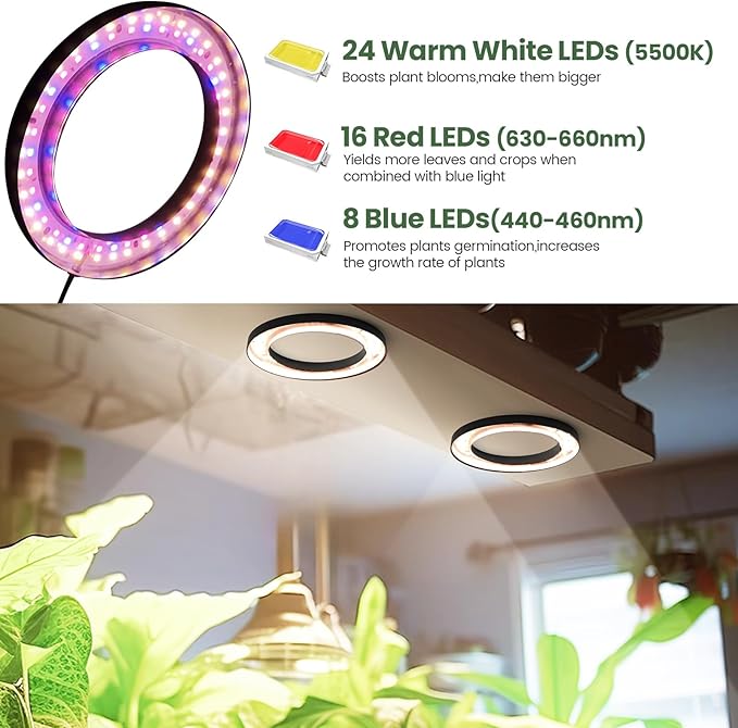 Mosthink 6.3" Ceiling Grow Lights for Indoor Plants, 144 LEDs Plant Light Full Spectrum, Under Cabinet Growing Lamp with Auto Timer, 10 Dimmable Levels, 3 Modes with Transparent Cover,Corded