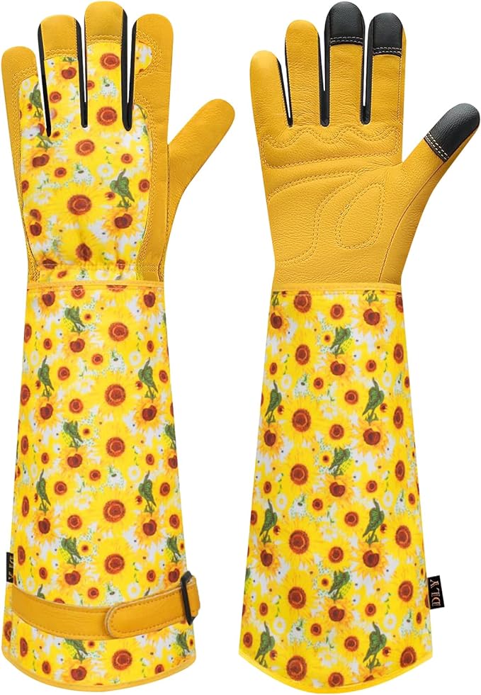 DLY Gardening Gloves for Women, Rose Gloves Gardening Thorn Proof, Long Garden Gloves for Women, Breathable Cowhide Leather Gauntlet (X-Large, Yellow