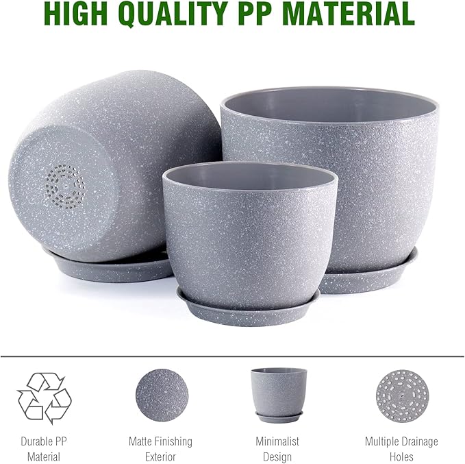WOUSIWER Plant Pots 10/9/8 inch, Set of 3 Modern Decorative Plastic Planters with Drainage Holes and Saucers for House Plants Indoor Flowers Plants, Grey Speckles