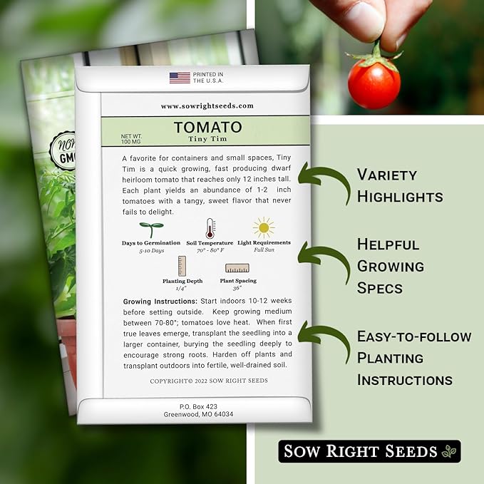 Sow Right Seeds - Tiny Tim Tomato Seeds for Planting - Non-GMO Heirloom Packet with Instructions to Plant and Grow an Outdoor Home Vegetable Garden - Perfect Container Variety - Gardening Gift (2)