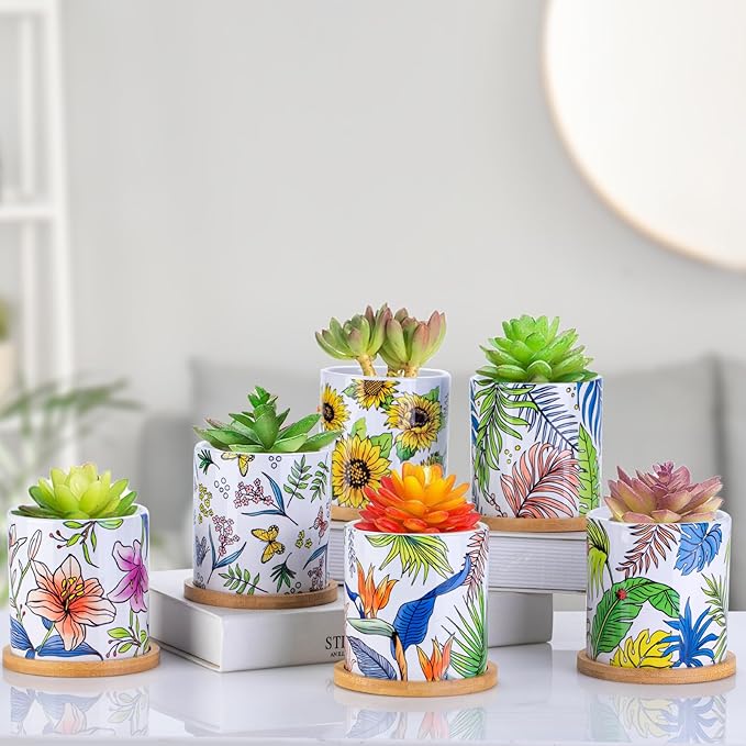 Succulent Pots for Plants, 3.1 Inch Ceramic Planter Pot with Drainage Holes and Bamboo Tray, Home Decor, Set of 6 - Plants Not Included