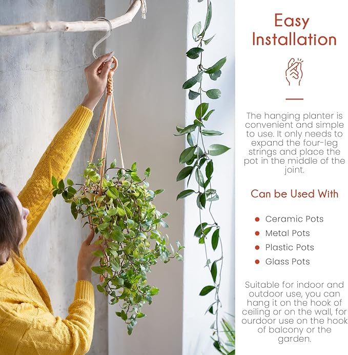 Macrame Plant Hangers - 6 Pack, Brown, Indoor/Outdoor, 11.9 lbs Capacity, Ready to Hang