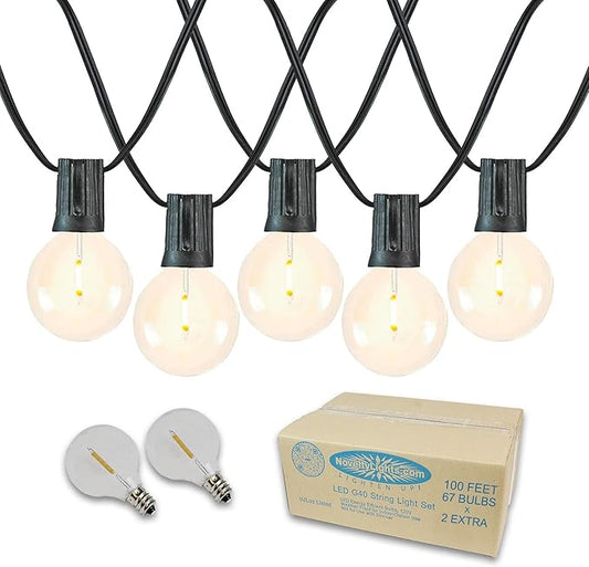 Novelty Lights 100 Feet G40 LED Patio String Lights with 67 Bulbs, Warm White, Weather Resistant and Shatterproof Replaceable Plastic Globe Bulbs, Black Wire