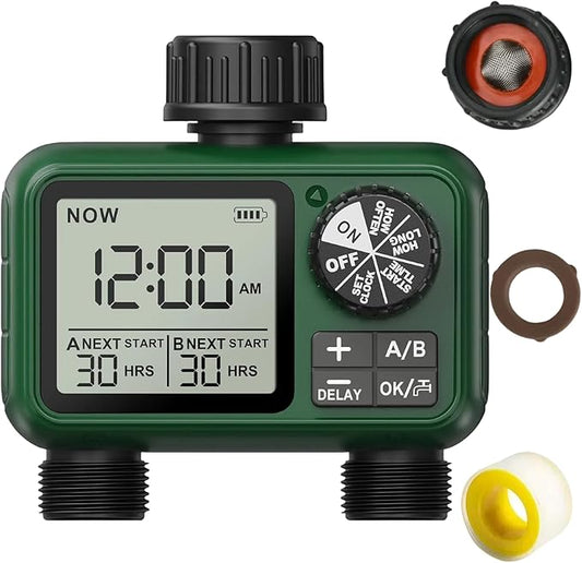 2 Outlet Sprinkler Timer, XinFuture Water Timer, Programmable Garden Hose Timer with Rain Delay, Manual& Automatic Watering System, Waterproof Digital Irrigation Timer for 2 Separate Watering Zones