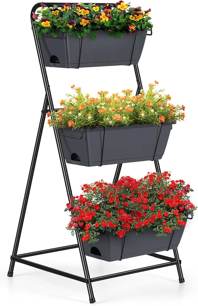 Vertical Garden Planter 3 Tier Raised Garden Bed Herb Garden Planter Outdoor Standing Garden Planter Box with Drainage Holes Removable Tray for Patio Balcony Porch Grey
