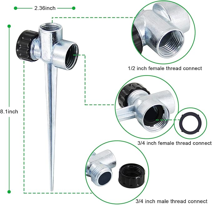 Twinkle Star 1/2 Inch Zinc Flow Thru Lawn Sprinkler Spike Base, Watering Sprinklers for Yard, Lawn and Grass Irrigation (3 Pack)