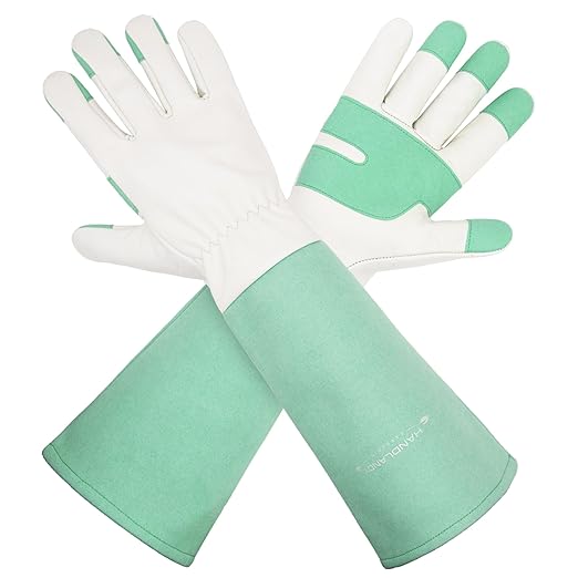 HLDD HANDLANDY Gardening Gloves for Women & Men, Leather Long Sleeve Rose Pruning Gloves, Thorn Proof Garden Work Gauntlet Animal Handling Gloves (Small, Green)