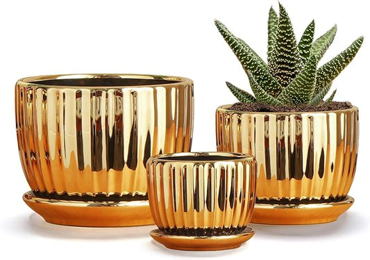 Ton Sin Gold Plant Pots,4.1+5.1+6.5 Inch Flower Pots,Ceramic Succulent Planters Set of 3,Mini Indoor Pots with Drainage,Handmade Decorative Ceramic Orchid and Herb Pots(Gold)