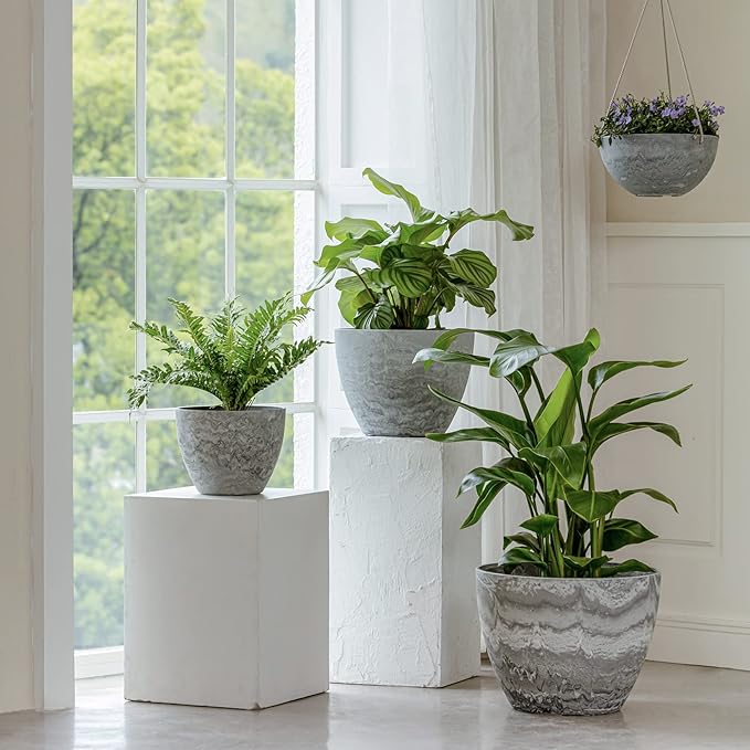 LA JOLIE MUSE Hanging Planter Flower Plant Pots - 10 Inch Indoor Outdoor Balcony Patio Hanging Basket Set of 2, Marble Pattern