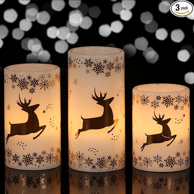 KunSween Christmas Flameless Candles with 6H Timer, 3 Pack LED Flickering Candles with Gold Deer Decals and Real Wax, Christmas Winter Decorations for Home Indoor Table Centerpieces